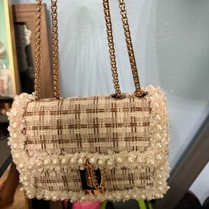 Tweed with pearls, Elegant Cream and Brown Women's Bag